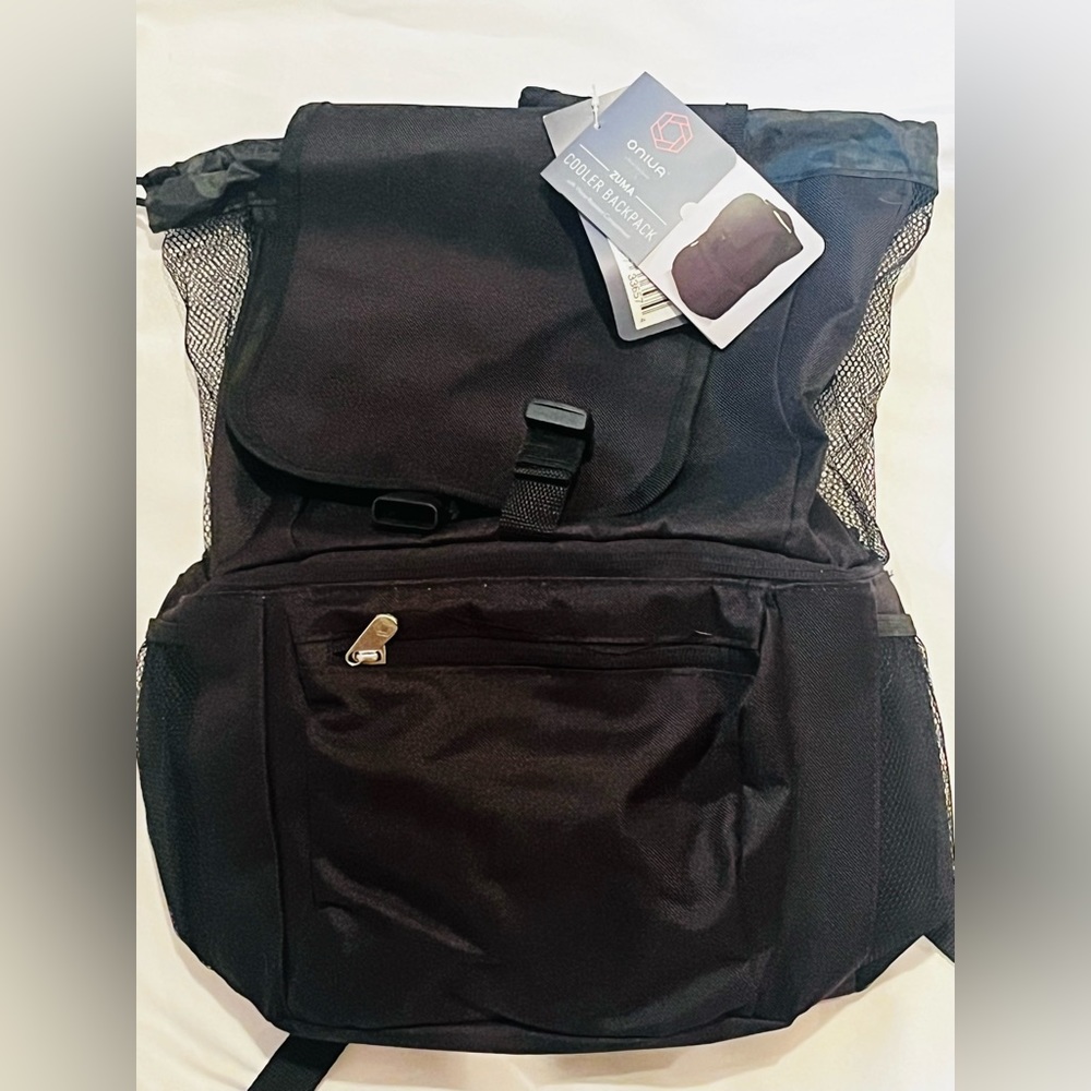 New black backpack cooler with tags